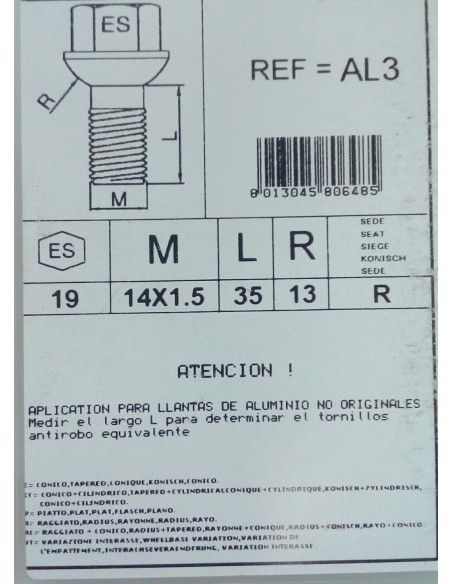 TORNILLOS ANTIRROBO DE RUEDAS AL3 PARA FORD/MERCEDES/SEAT/VOLKSWAGEN