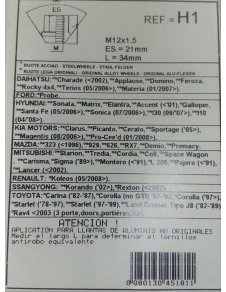 TUERCAS ANTIRROBO DE RUEDAS H1 PARA DAIHATSHU/HYUNDAI/KIA/MAZDA/MITSUBISHI/SSANGYOUNG/TOYOTA