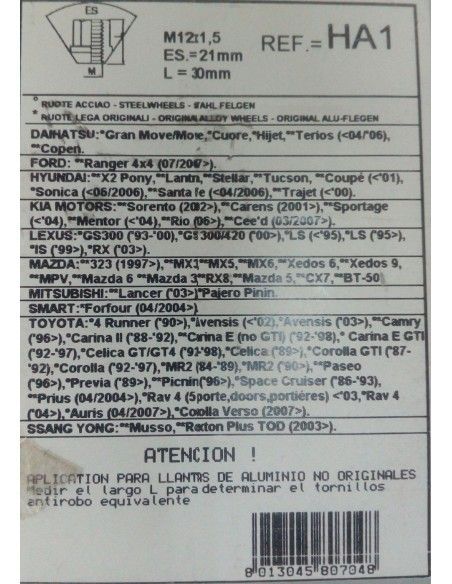 TUERCAS ANTIRROBO DE RUEDAS HA1 PARA DAIHATSHU/HYUNDAI/KIA/LEXUS/MAZDA/MITSUBISHI/SMART/SSANGYOUG/SUBARU/TOYOTA