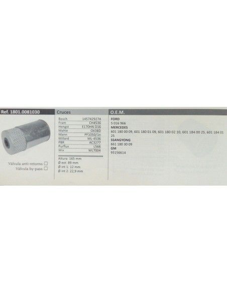 FILTRO DE ACEITE MERCEDES 190/W202/W124/SSANGYONG KORANDO/MUSSO/REXTON