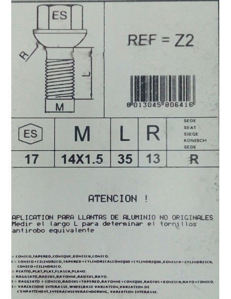 TORNILLOS ANTIRROBO DE RUEDAS Z2 PARA AUDI/MERCEDES/PORSCHE/SEAT/VOLKSWAGEN