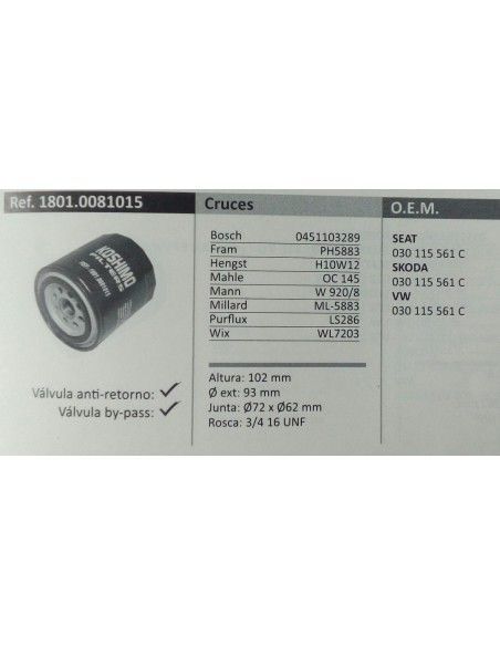 FILTRO DE ACEITE SEAT AROSA/CORDOBA/IBIZA/SKODA FELICIA/VW CADDY/LUPO/POLO