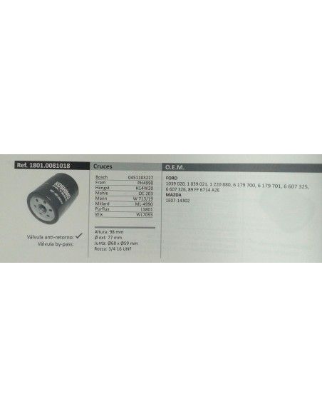 FILTRO DE ACEITE FORD COURIER/ESCORT/FIESTA/MONDEO/MAZDA 121 1.8D/TD