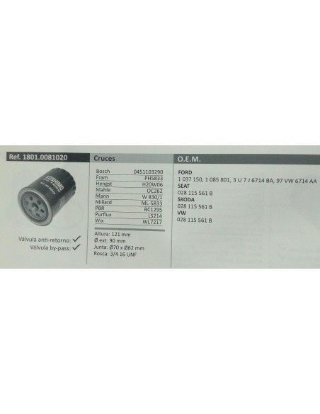 FILTRO DE ACEITE GALAXY/ALHAMBRA/CORDOBA/IBIZA/TOLEDO/GOLF/PASSAT/POLO/SHARAN/TRANSPORTER/VENTO