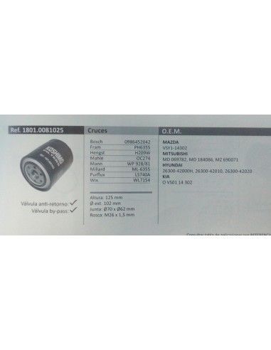 FILTRO DE ACEITE MITSUBISHI/KIA...