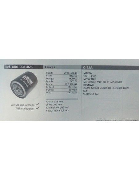 FILTRO DE ACEITE MITSUBISHI/KIA CARNIVAL/MAZDA B/E/MPV