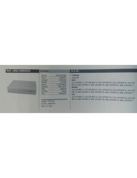FILTRO DE AIRE SEAT CORDOBA/IBIZA II/INCA/TOLEDO I/SKODA FELICIA/VOLKSWAGEN CADDY II/POLO III
