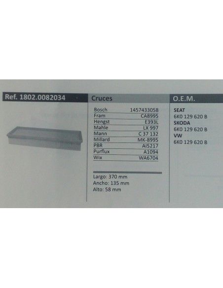 FILTRO DE AIRE SEAT CORDOBA I/IBIZA III/INCA/VOLKSWAGEN CADDY II/POLO III