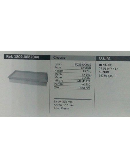 FILTRO DE AIRE RENAULT CLIO II/KANGOO I/MEGANE I/SCENIC I/DACIA PICKUP/SOLENZA/SUZUKI SJ410/SJ413
