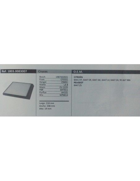 FILTRO DE HABITACULO CITROEN BERLINGO I/XANTIA/XSARA/PEUGEOT PARTNER I