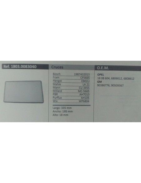 FILTRO DE HABITACULO OPEL CORSA B/COMBO A/TIGRA