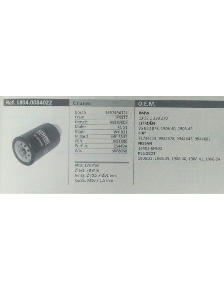FILTRO DE COMBUSTIBLE CITROEN AX/SAXO/XSARA/ZX/FIAT/NISSAN MICRA II/PEUGEOT 106/ROVER 100