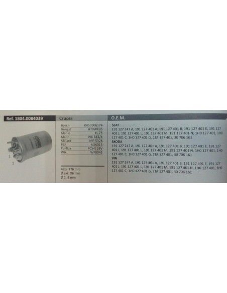 FILTRO DE COMBUSTIBLE SEAT CORDOBA/IBIZA/TOLEDO/VW GOLF/PASSAT/POLO