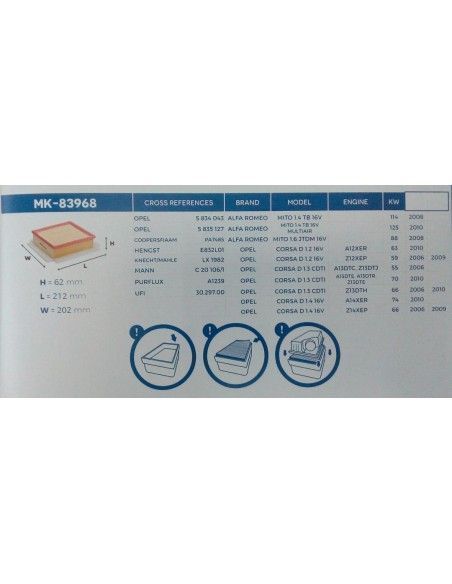 FILTRO DE AIRE OPEL CORSA D/COMBO/FIAT DOBLO/LINEA/PUNTO/ALFA ROMEO MITO