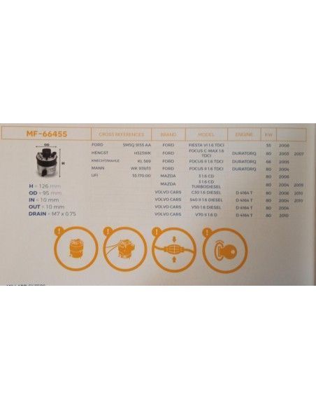 FILTRO DE COMBUSTIBLE FORD CMAX/FIESTA/FOCUS/FOCUS CMAX/MAZDA 2/3/VOLVO C30/S40/S80/V50/V60/XC60