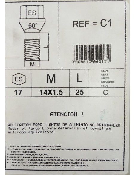 TORNILLOS ANTIRROBO DE RUEDAS C1 PARA ALFA ROMEO/CITROEN/LANCIA/MG/PEUGEOT/RENAULT/ROVER