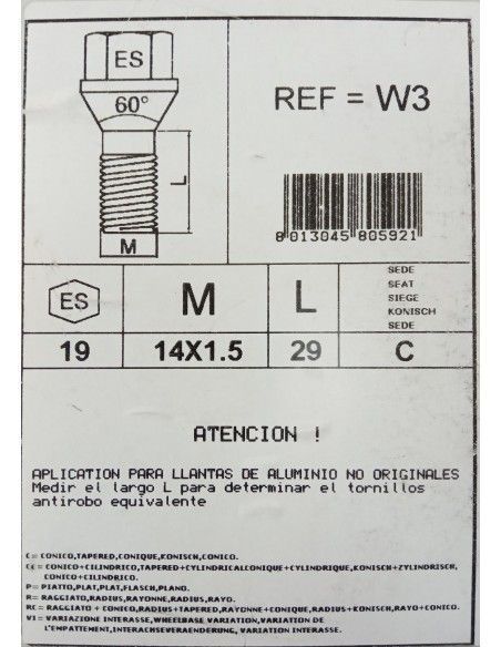 TORNILLOS ANTIRROBO DE RUEDAS W3 PARA BMW/CITROEN/LANCIA/RENAULT/VOLVO