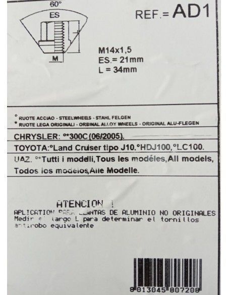TUERCAS ANTIRROBO DE RUEDAS AD1 PARA CHRYSLER/RANGE ROVER/TOYOTA