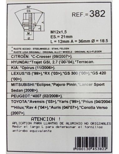 TUERCAS ANTIRROBO DE RUEDAS 382 PARA...