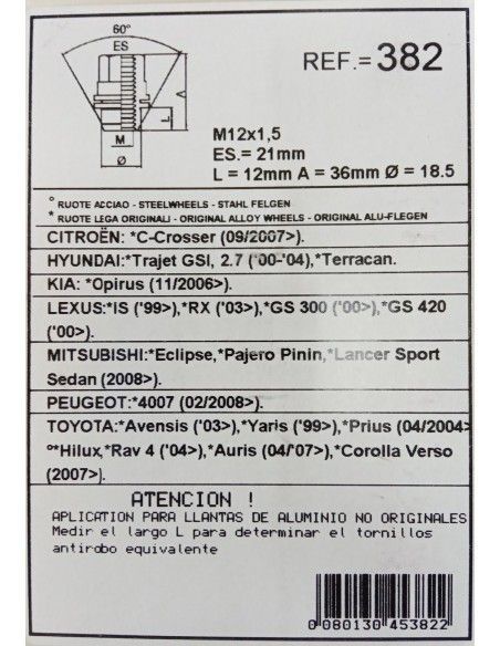 TUERCAS ANTIRROBO DE RUEDAS 382 PARA CITROEN/HYUNDAI/KIA/LEXUS/MITSUBISHI/PEUGEOT/SUBARU/TOYOTA