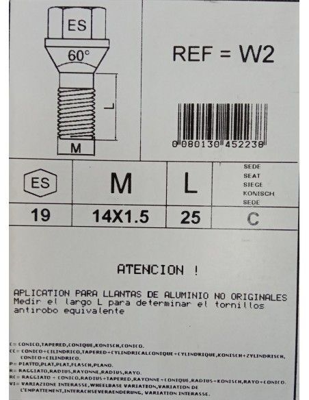 TORNILLOS ANTIRROBO DE RUEDAS W2 PARA CITROEN /PEUGEOT/RENAULT/SAAB