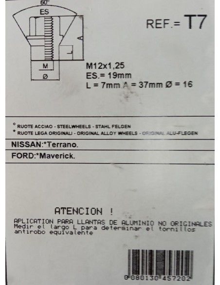 TUERCAS ANTIRROBO DE RUEDAS T7 PARA FORD MAVERICK
