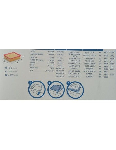 FILTRO DE AIRE CITROEN XSARA/PICASSO/OPEL COMBO/CORSA B/PEUGEOT 206/306