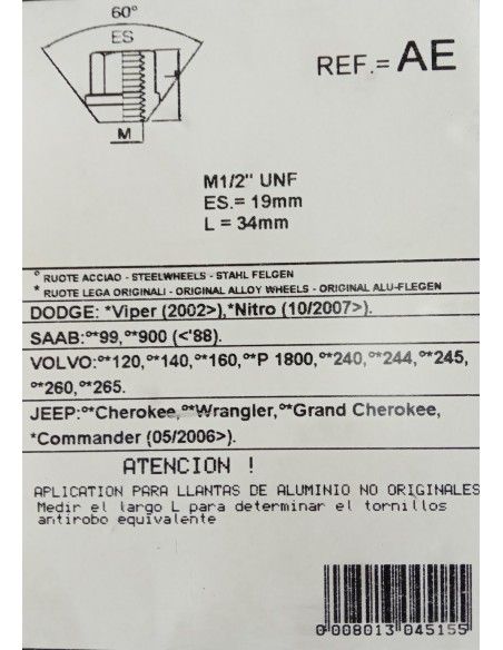 TUERCAS ANTIRROBO DE RUEDAS AE 5T PARA DODGE/JEEP/SAAB/VOLVO