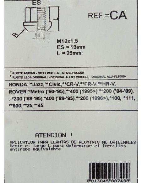 TUERCAS ANTIRROBO DE RUEDAS CA PARA HONDA/ROVER