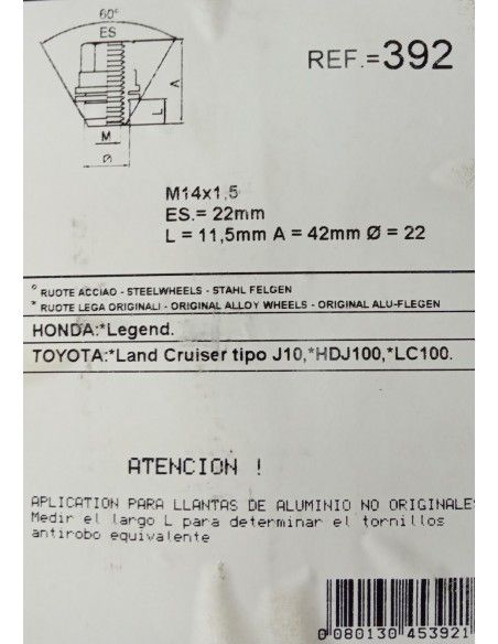 TUERCAS ANTIRROBO DE RUEDAS 392 PARA HONDA LEGEND