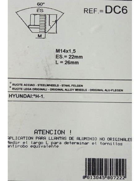 TUERCAS ANTIRROBO DE RUEDAS DC6 PARA HYUNDAI/JEEP/OPEL/SAAB