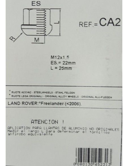 TUERCAS ANTIRROBO DE RUEDAS CA2 PARA LAND ROVER FREELANDER HIERRO