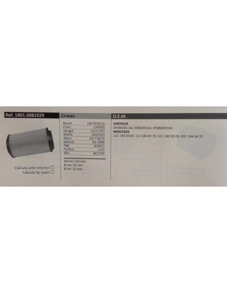 FILTRO DE ACEITE MERCEDES/JEEP GRAND CHEROKEE