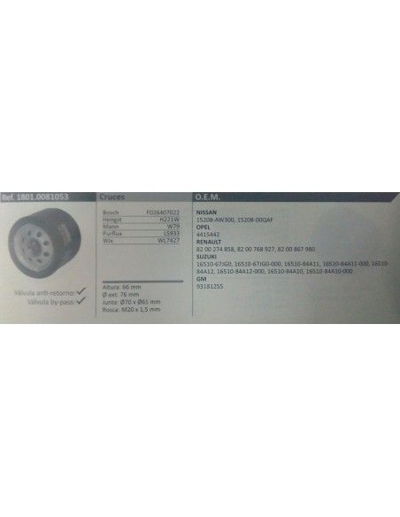 FILTRO DE ACEITE RENAULT/DACIA/FIAT/JEEP/NISSAN/OPEL/SMART/SUZUKI