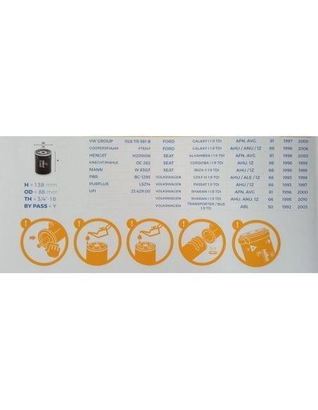 FILTRO DE ACEITE GALAXY/ALHAMBRA/CORDOBA/IBIZA/TOLEDO/GOLF/PASSAT/POLO/SHARAN/TRANSPORTER/VENTO