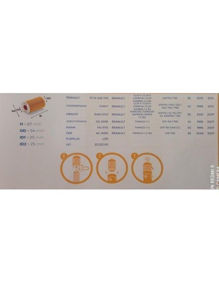 FILTRO DE ACEITE RENAULT CLIO II/KANGOO/THALIA/TWINGO 1.1/1.2