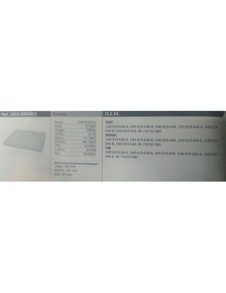 FILTRO DE HABITACULO A3/TT/AROSA/CORDOBA/IBIZA/INCA/LEON I/TOLEDO II/SKODA OCTAVIA/SUPERB/CADDY/GOLF III/PASSAT/POLO III/VENTO