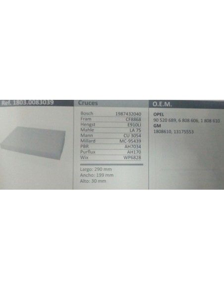 FILTRO HABITACULO OPEL ASTRA G/H/ZAFIRA A