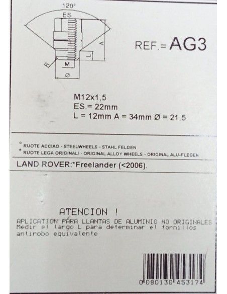 TUERCAS ANTIRROBO DE RUEDAS AG3 PARA LAND ROVER FREELANDER ALUMINIO