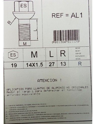 TORNILLOS ANTIRROBO DE RUEDAS AL1...