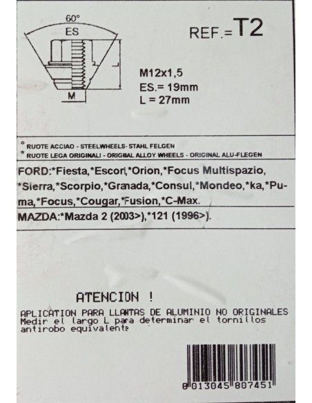 TUERCAS ANTIRROBO DE RUEDAS T2 PARA FORD/MAZDA