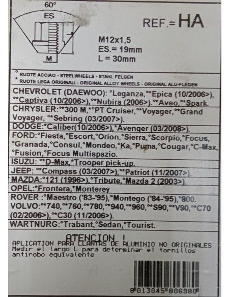 TUERCAS ANTIRROBO DE RUEDAS HA PARA FORD/CHEVROLET/CHRYSLER/DODGE/ISUZU/JEEP/LANCIA/MAZDA/OPEL/ROVER/VOLVO