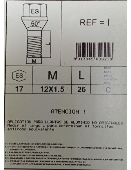 TORNILLOS ANTIRROBO DE RUEDAS I PARA BMW/DACIA/MINI/RENAULT