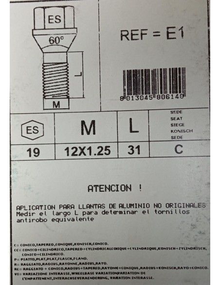TORNILLOS ANTIRROBO DE RUEDAS E1 PARA ALFA ROMEO/FIAT/LADA/LANCIA