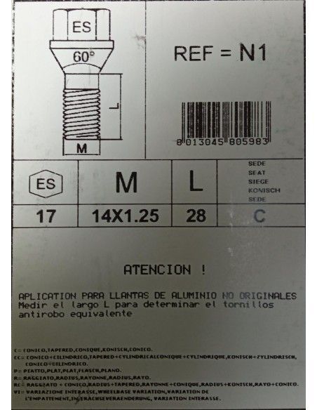 TORNILLOS ANTIRROBO DE RUEDAS N1 PARA BMW/MINI