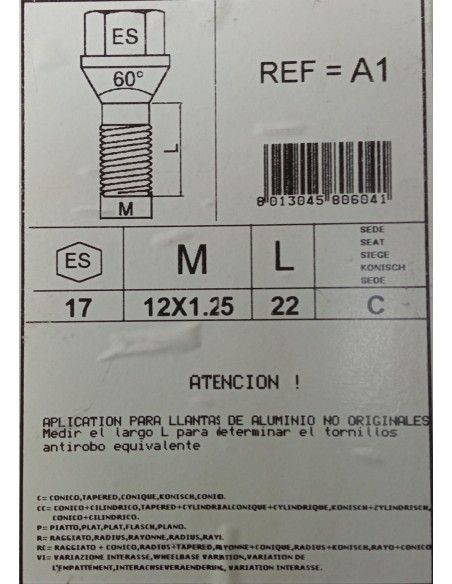 TORNILLOS ANTIRROBO DE RUEDAS A1 PARA ALFA ROMEO/CITROEN/FIAT/FORD/LANCIA