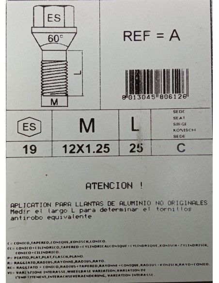 TORNILLOS ANTIRROBO DE RUEDAS A PARA ALFA ROMEO/CITROEN/PEUGEOT/SEAT