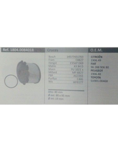 FILTRO COMBUSTIBLE BERLINGO/C15/JUMPY/XSARA/SCUDO/206/306/EXPERT/PARTNER/COROLLA