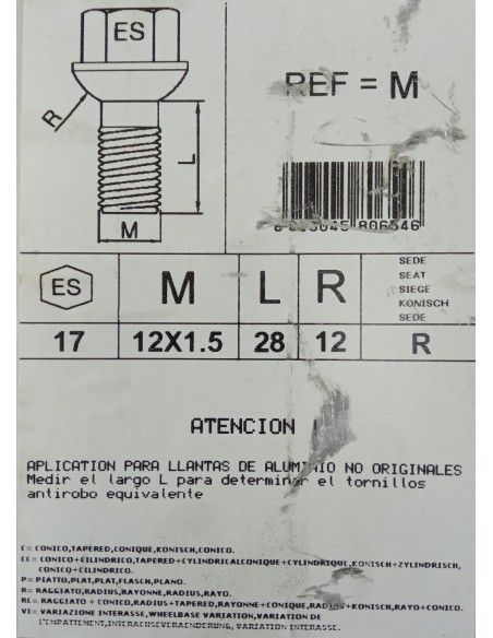 TORNILLOS ANTIRROBO DE RUEDAS M MERCEDES/SSANGYONG