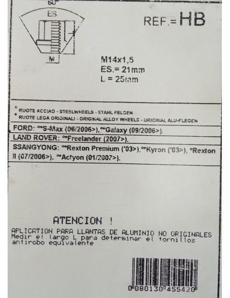 TUERCAS ANTIRROBO DE RUEDAS HB PARA FORD/LAND ROVER/SSANYOUNG